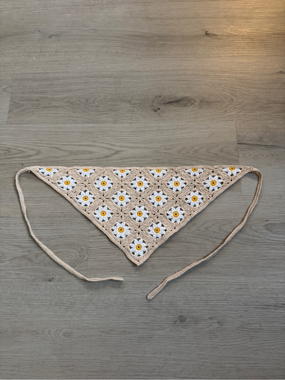 Beige crochet daisy triangle headscarf floral granny square bandana boho cottage